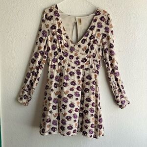 NWOT Free People Mini Dress Sz 6 Color Off White Purple Flowers Gauze L-Sleeve
